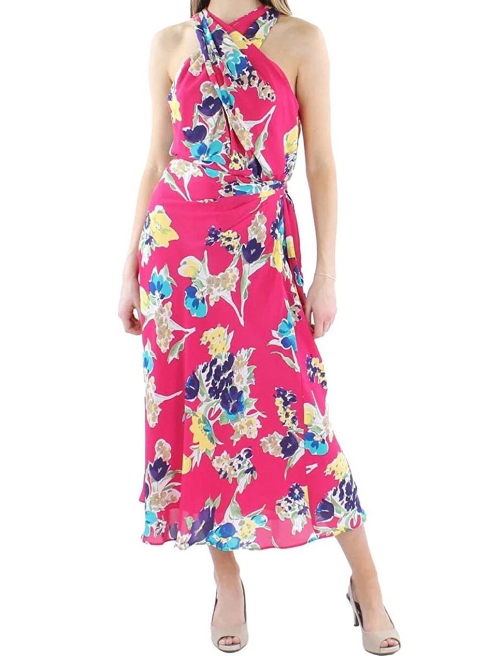 RALPH LAUREN Floral Georgette Pleated Sleeveless Crossover Halter Tie Midi Dress